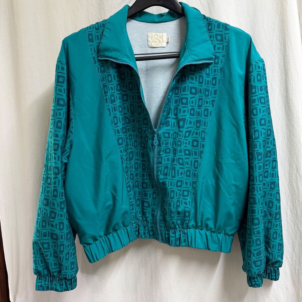 Vintage LBH Teal Geometric Print Windbreaker Jacket Full Zip Made in USA Retro L
